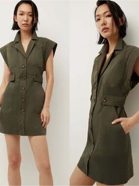 Veronica Beard Jax Cotton Utility Dress | Size 4 Olive Green Button Front Mini